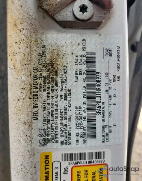 2017 Ford Fusion Se Hybrid z USA, uszkodzony, nr VIN 3FA6P0LU1HR408979